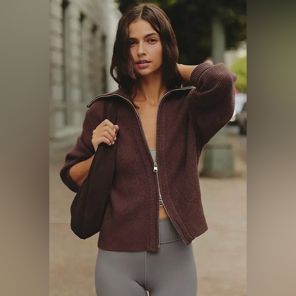 Varley Enrico Zip-Through Knit Jacket coffee bean